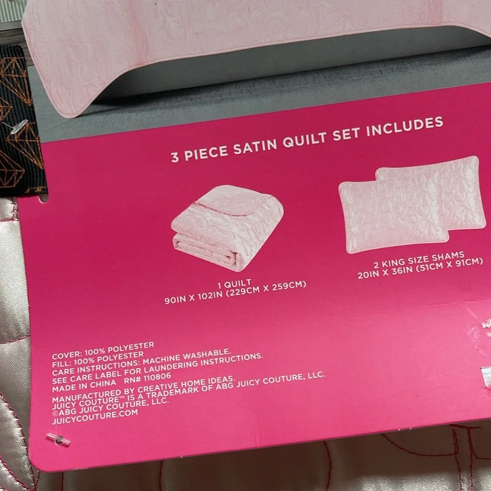 Juicy Couture Luxurious Satin Cherry Print King Size 3 Piece Quilt & Sham Set